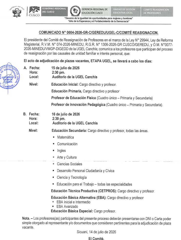 Comunicado N° 0004-2026-GR-C/GEREDU/UGEL-C/CQMITÉ REASIGNACION.