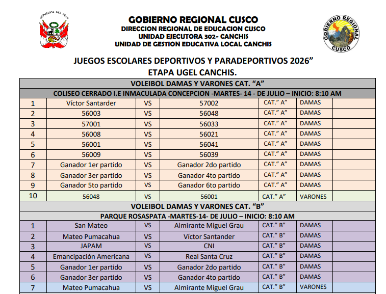 JUEGOS ESCOLARES DEPORTIVOS Y PARADEPORTIVOS 2026” Etapa UGEL CANCHIS.