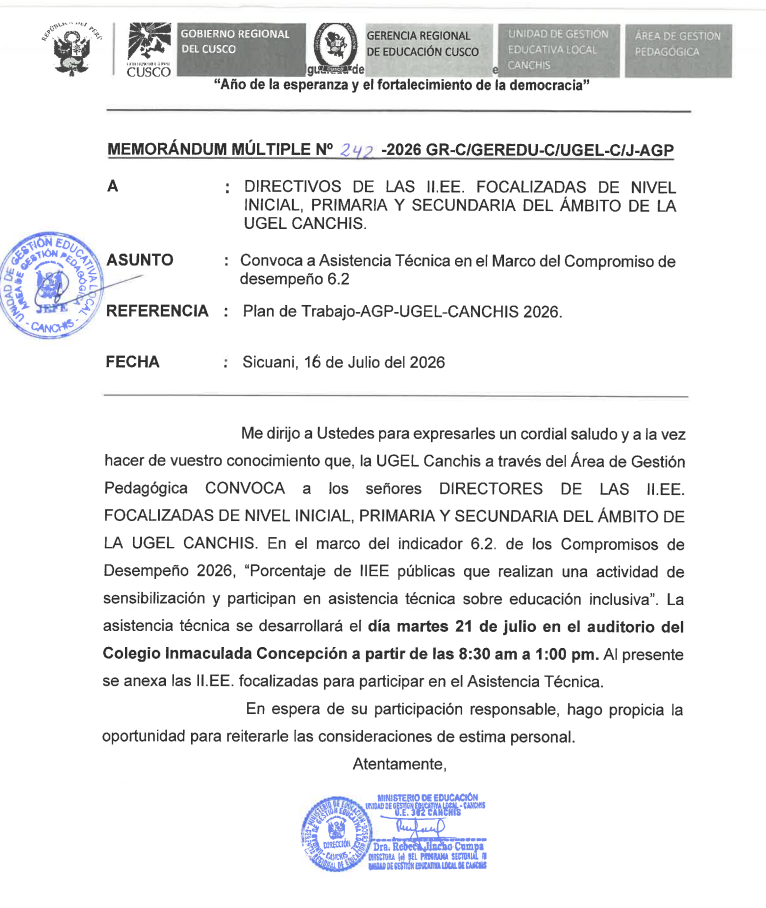 Convoca a Asistencia Técnica en el Marco del Compromiso de desempeño 6.2