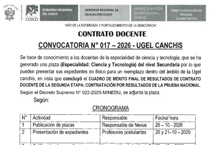 CONTRATO DOCENTE Convocatoria N° 017 - 2026 - UGEL CANCHIS