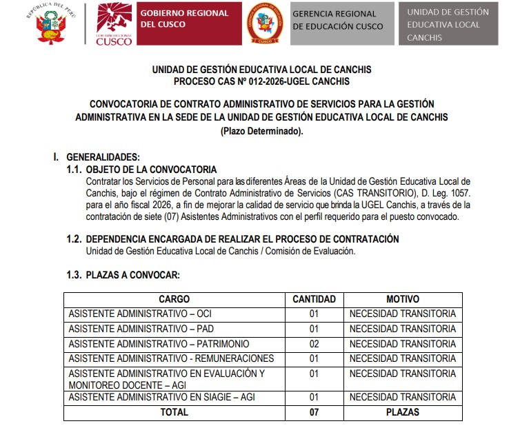 PROCESO CAS Nº 012-2026-UGEL CANCHIS CONVOCATORIA DE CONTRATO ADMINISTRATIVO DE SERVICIOS PARA LA GESTIÓN ADMINISTRATIVA EN LA SEDE DE LA UNIDAD DE GESTIÓN EDUCATIVA LOCAL DE CANCHIS (Plazo Determinado).
