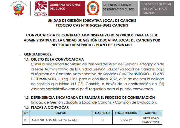 Proceso CAS Nº 015-2026-UGEL CANCHIS CONVOCATORIA DE CONTRATO ADMINISTRATIVO DE SERVICIOS PARA LA SEDE ADMINISTRATIVA DE LA UNIDAD DE GESTIÓN EDUCATIVA LOCAL DE CANCHIS POR NECESIDAD DE SERVICIO - PLAZO DETERMINADO