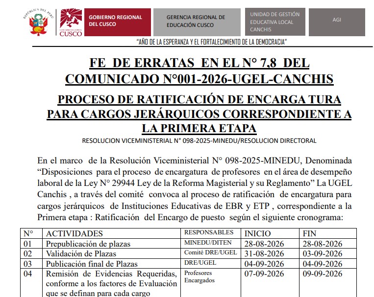 FE DE ERRATAS EN EL N° 7,8 DEL Comunicado N°001-2026-UGEL-CANCHIS PROCESO DE RATIFICACIÓN DE ENCARGA TURA PARA CARGOS JERÁRQUICOS CORRESPONDIENTE A LA PRIMERA ETAPA