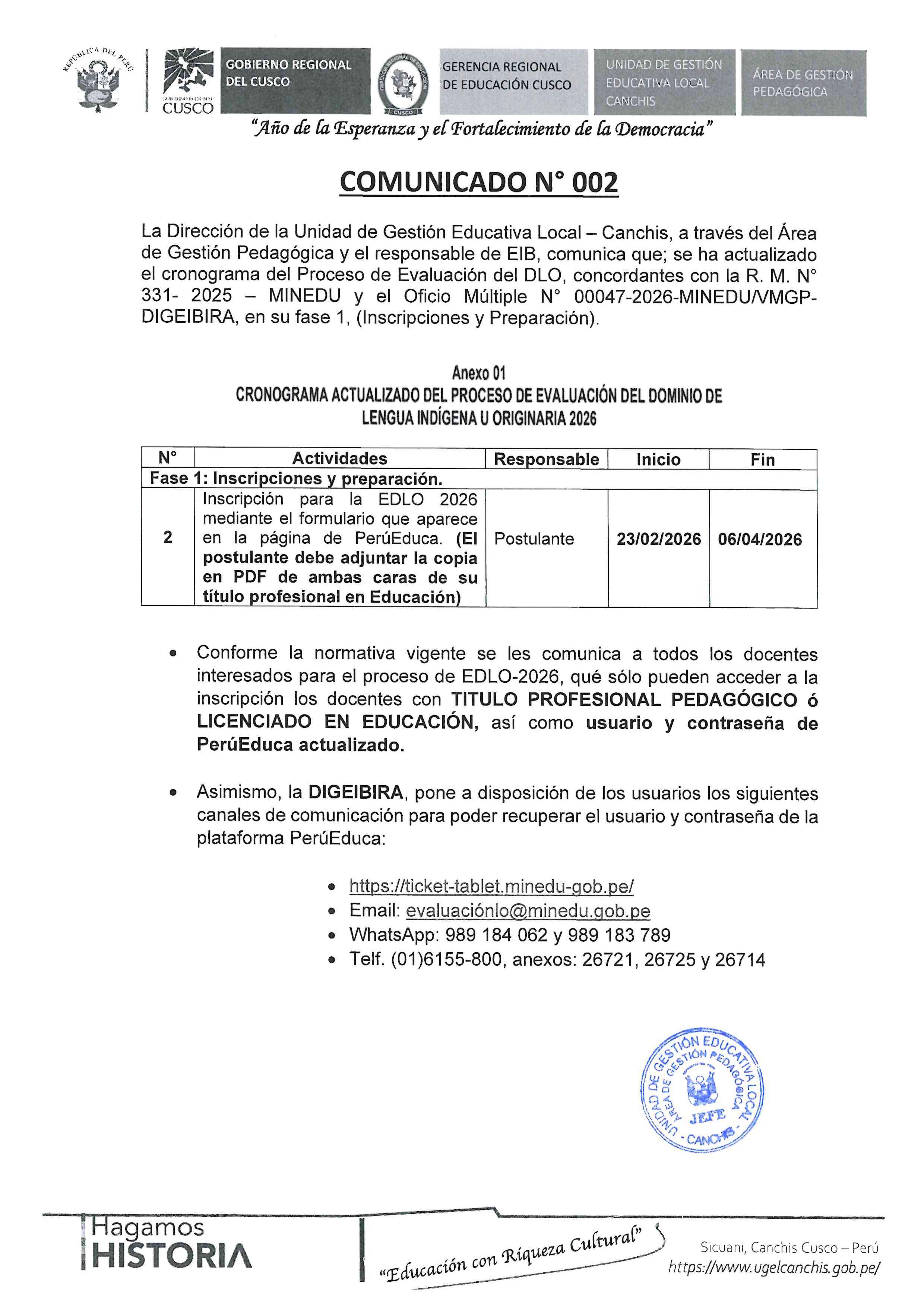 Comunicado N° 002 - Proceso de Evaluación del DLO