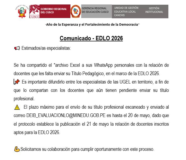 Docentes que les falta enviar su Título Pedagógico, en el marco de la EDLO 2026.