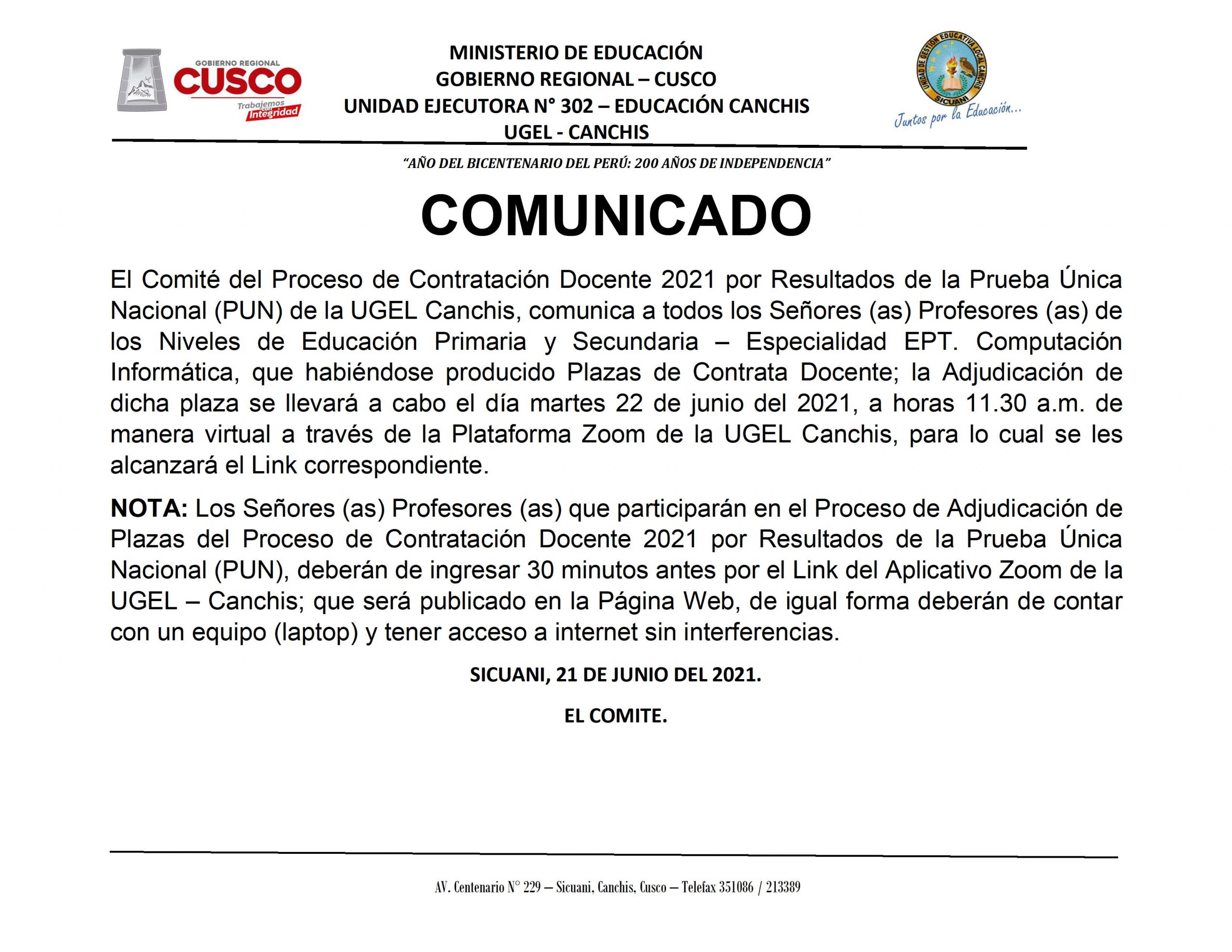Read more about the article COMUNICADO – Proceso de Contratación Docente 2021 por Resultados de la Prueba Única Nacional (PUN) de la UGEL Canchis