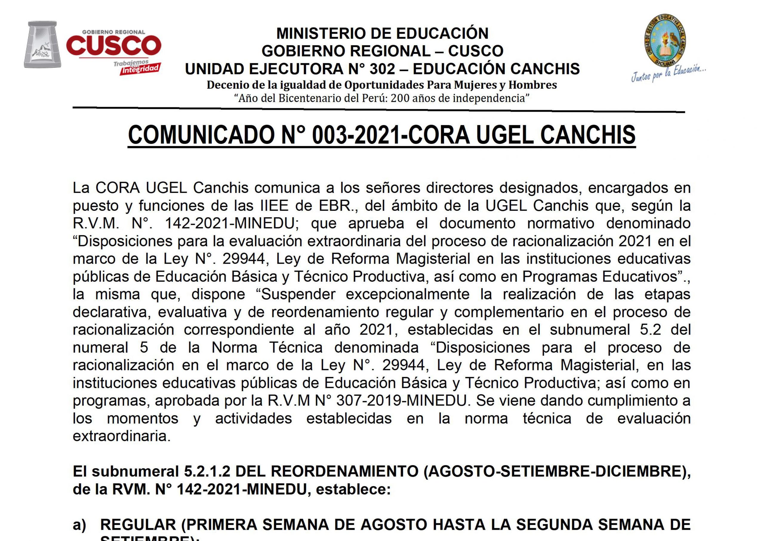 Read more about the article COMUNICADO N° 003-2021-CORA UGEL CANCHIS