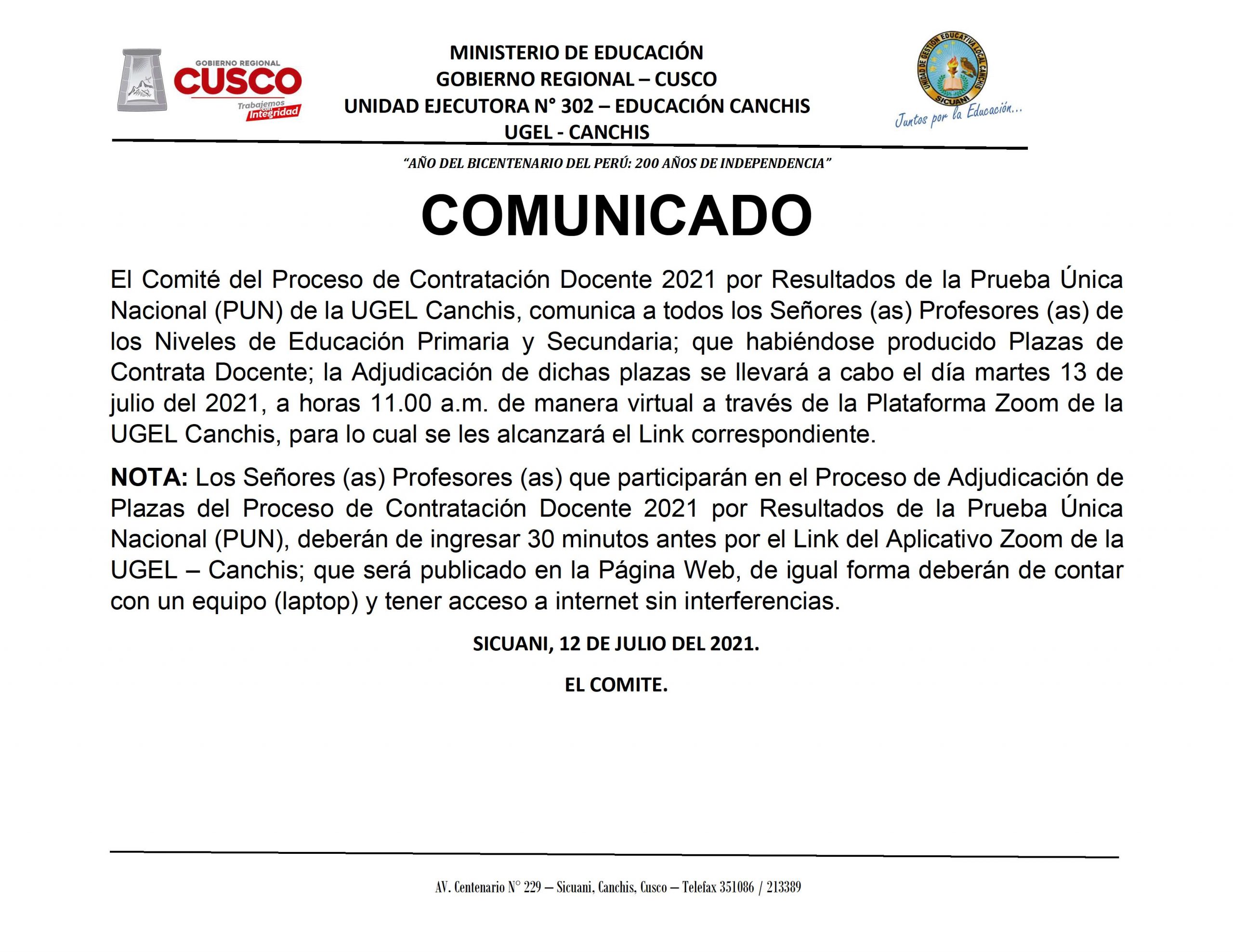 Read more about the article COMUNICADO – Contratación Docente 2021 por Resultados de la Prueba Única Nacional (PUN) de la UGEL Canchis