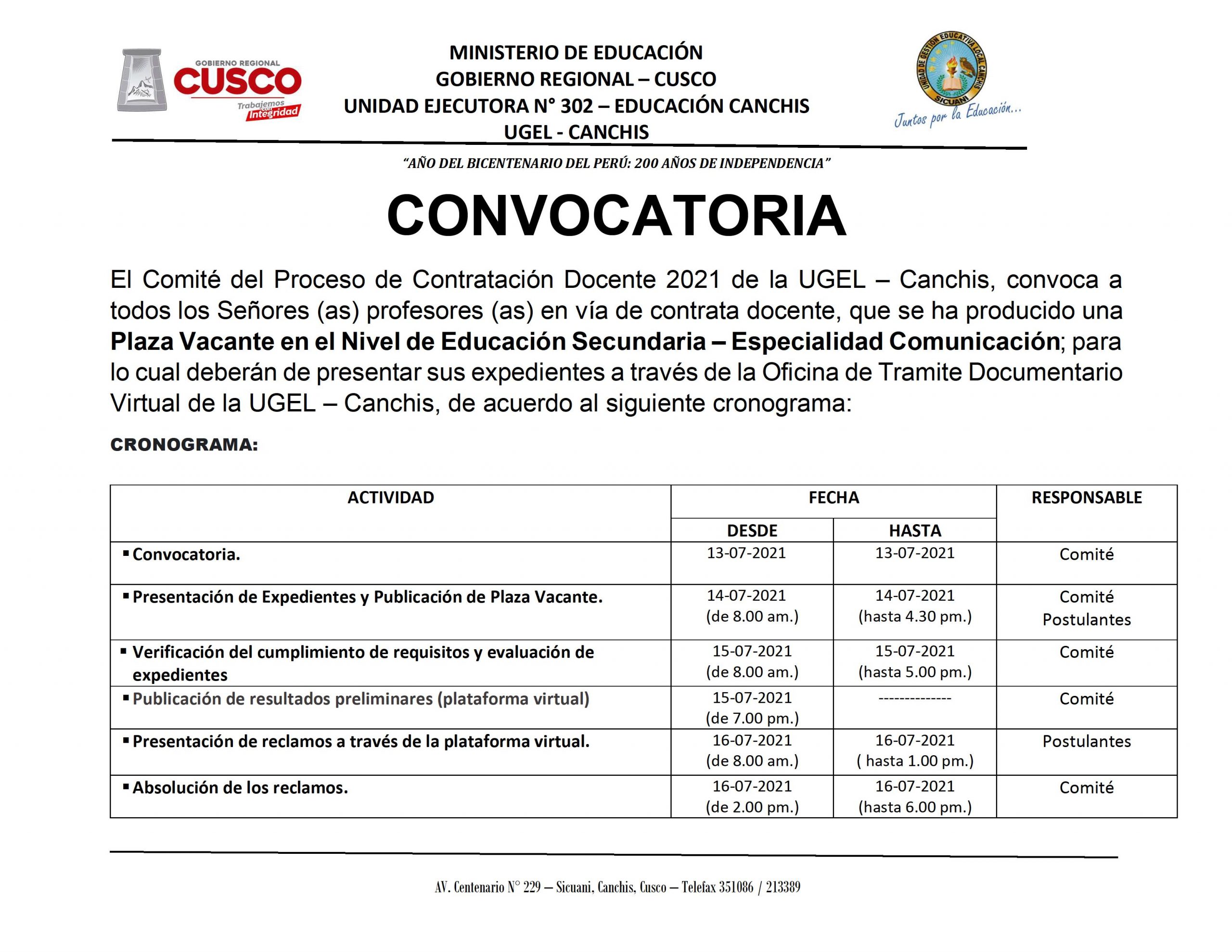 Read more about the article CONVOCATORIA – Proceso de Contratación Docente 2021 de la UGEL – Canchis