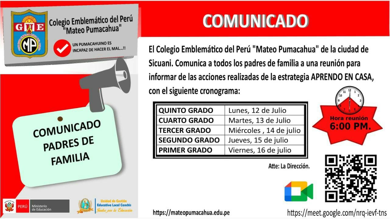 Read more about the article COMUNICADO – Colegio Emblemático del Perú “Mateo Pumacahua”