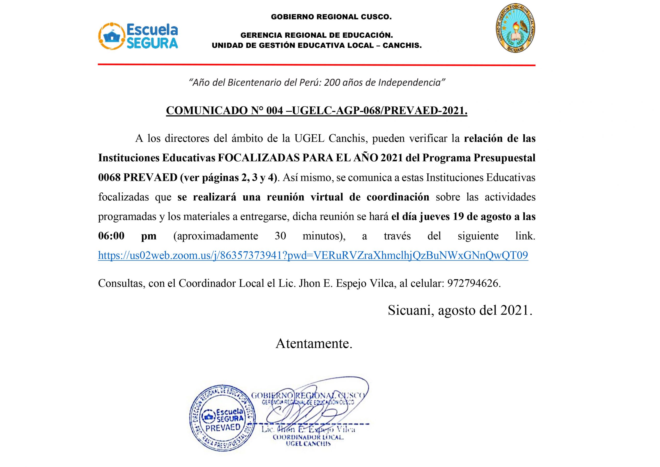 Read more about the article COMUNICADO N° 004 –UGELC-AGP-068/PREVAED-2021.