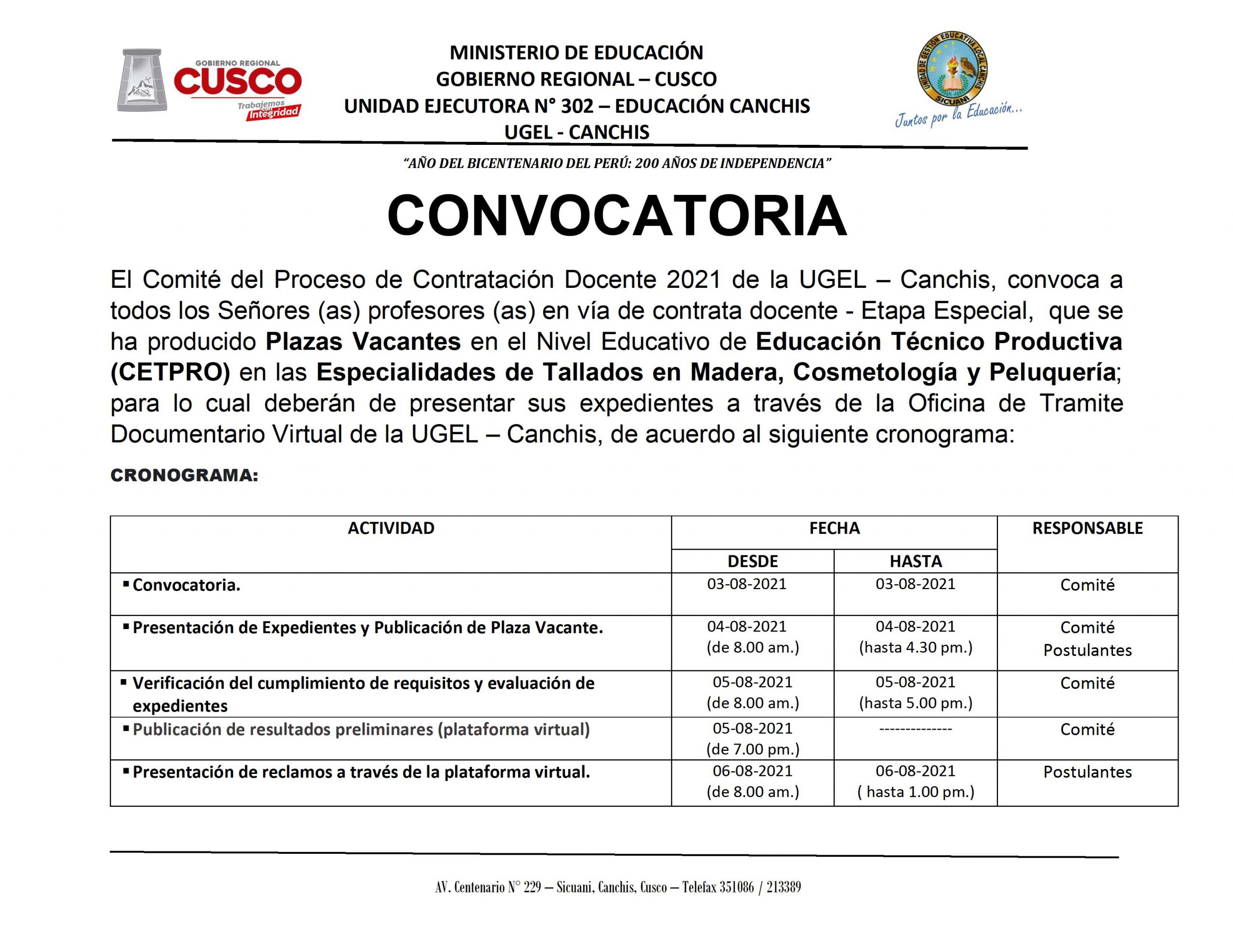 Read more about the article CONVOCATORIA – Proceso de Contratación Docente 2021 de la UGEL – Canchis, convoca a todos los Señores (as) profesores (as) en vía de contrata docente – Etapa Especial