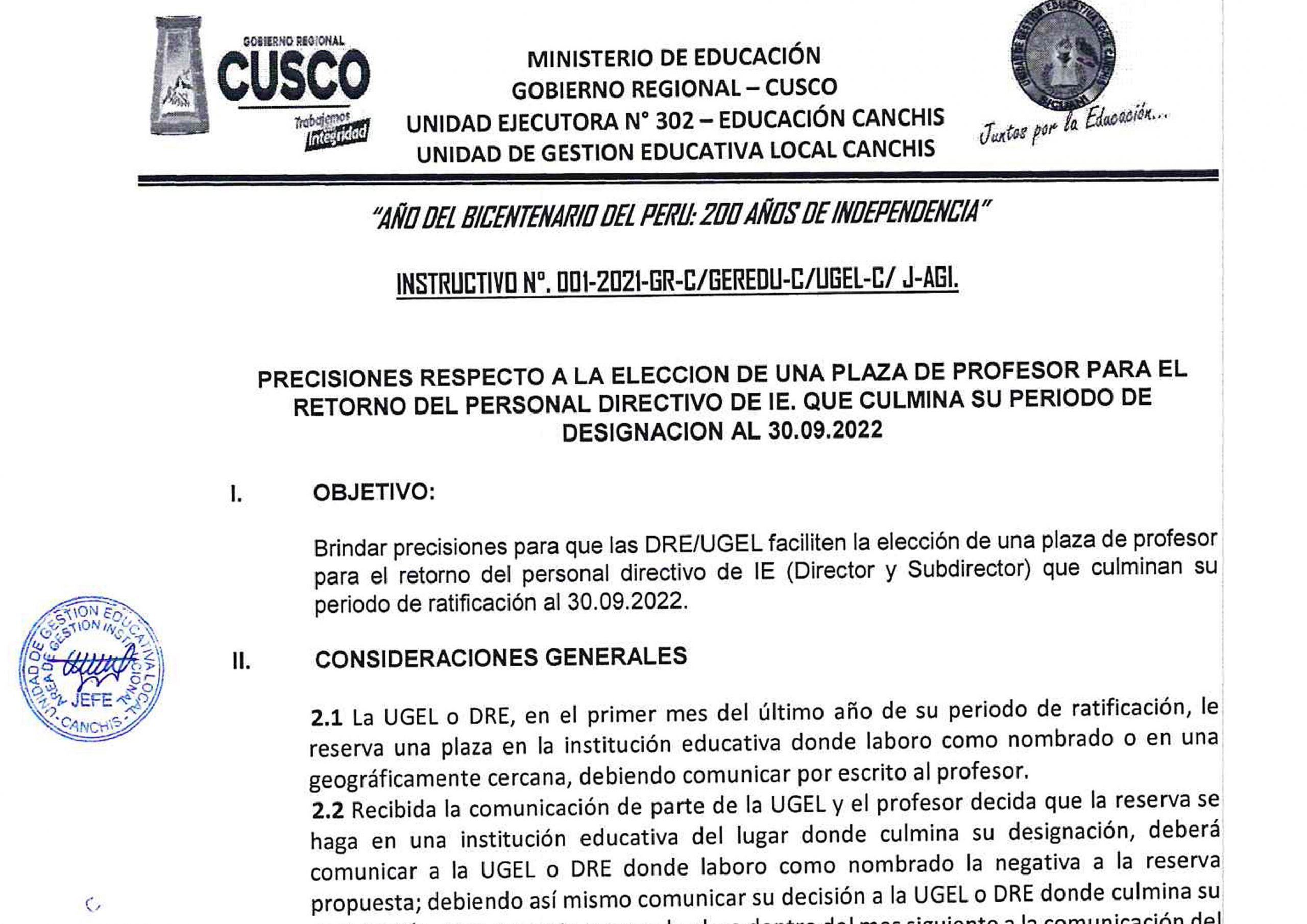 Read more about the article PRECISIONES RESPECTO A LA ELECCION DE UNA PLAZA DE PROFESOR PARA EL RETORNO DEL PERSONAL DIRECTIVO DE IE. QUE CULMINA SU PERIODO DE DESIGNACION AL 30.09.2022. INSTRUCTIVO N°. 001-2021-GR-C/GEREDU-C/UGEL-C/ J-AGI.