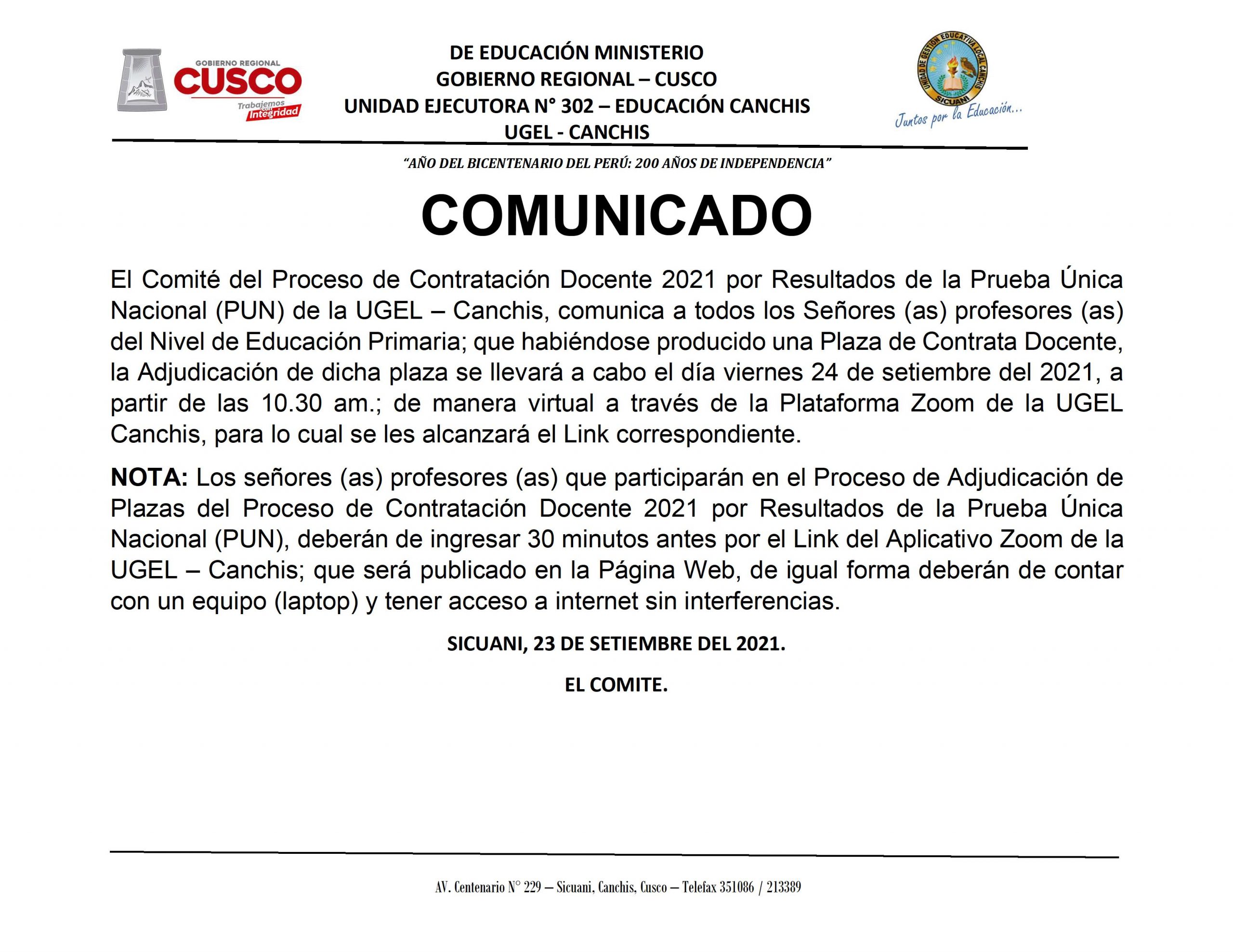 Read more about the article COMUNICADO – Proceso de Contratación Docente 2021 por Resultados de la Prueba Única Nacional (PUN) de la UGEL – Canchis