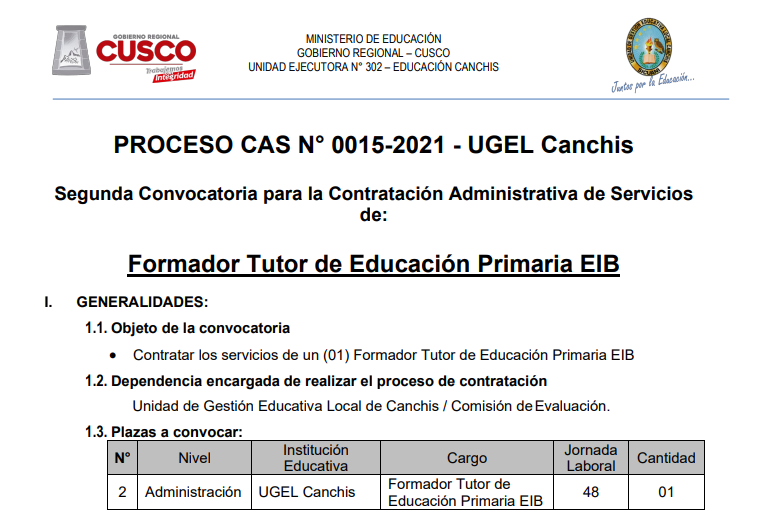 Read more about the article PROCESO CAS N° 0015-2021 – UGEL Canchis