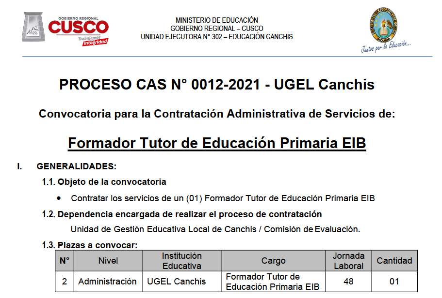 Read more about the article PROCESO CAS N° 0012-2021 – UGEL Canchis