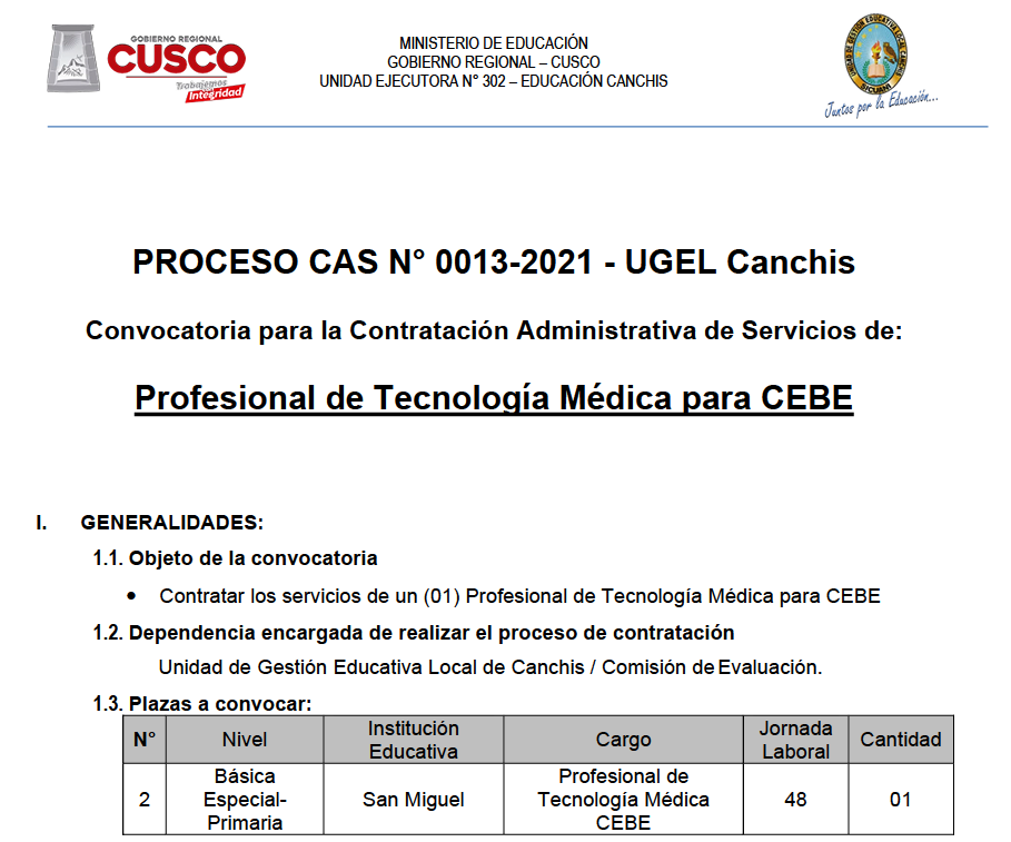 Read more about the article PROCESO CAS N° 0013-2021 – UGEL Canchis