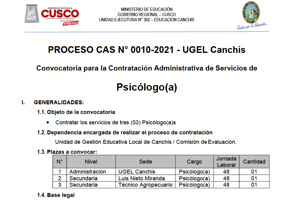 Read more about the article PROCESO CAS N° 0010-2021 – UGEL Canchis