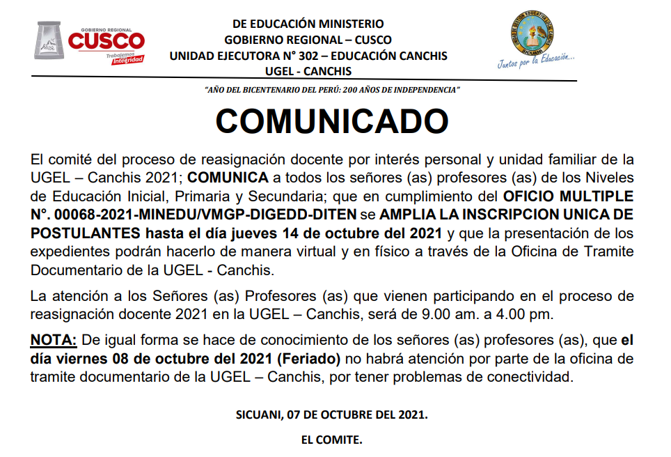 Read more about the article COMUNICADO – El Comité del Proceso de Reasignación Docente Amplia la Presentación de Expedientes Hasta el Día Jueves 14 de Octubre