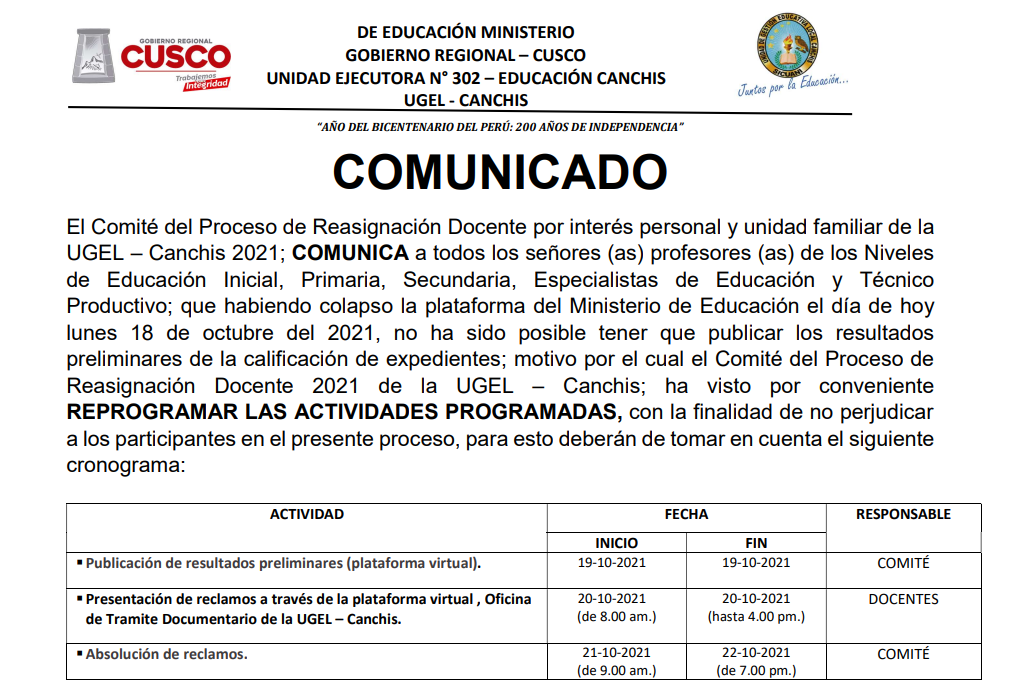 Read more about the article COMUNICADO – El Comité del Proceso de Reasignación Docente 2021 ha visto por conveniente REPROGRAMAR LAS ACTIVIDADES PROGRAMADAS