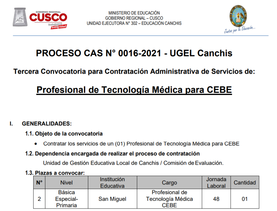 Read more about the article PROCESO CAS N° 0016-2021 – UGEL Canchis