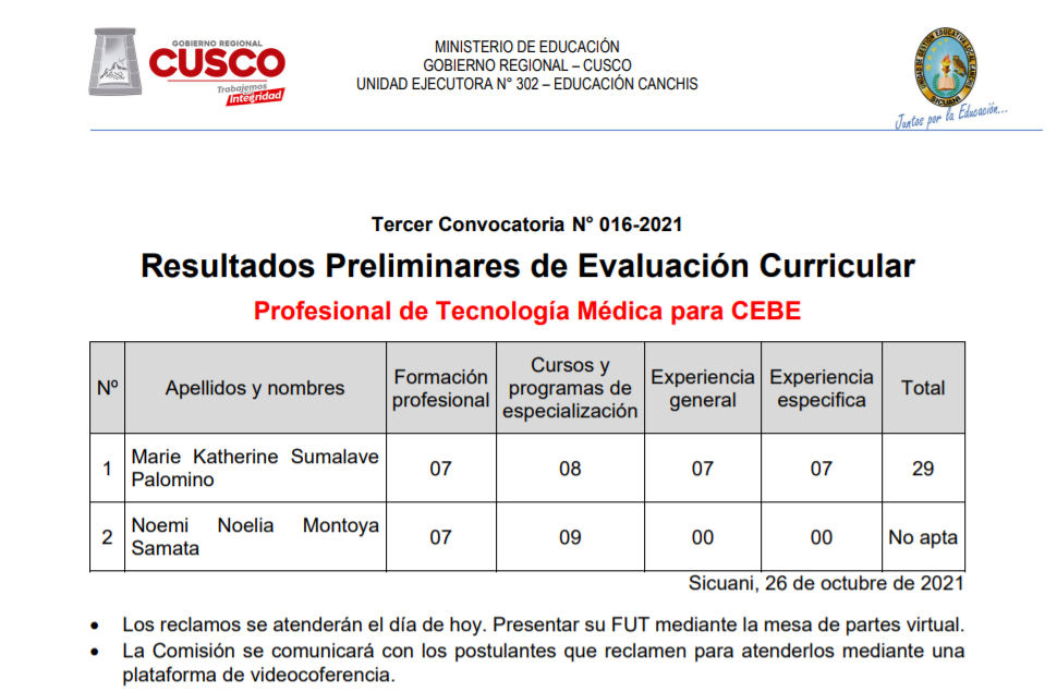 Read more about the article Resultados Preliminares de Evaluación Curricular CAS N° 016-2021 – Profesional de Tecnología Médica para CEBE
