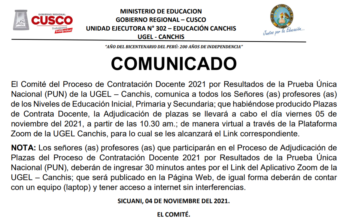 Read more about the article COMUNICADO – Proceso de Contratación Docente 2021 por Resultados de la Prueba Única Nacional (PUN) de la UGEL – Canchis