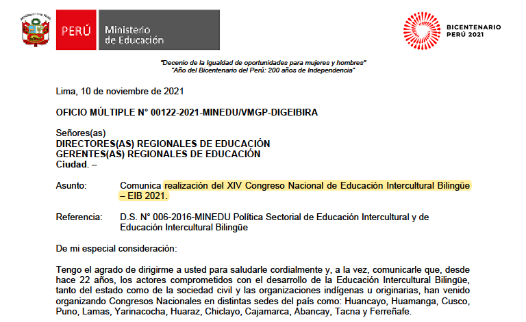 Read more about the article XIV CONGRESO NACIONAL DE EDUCACIÓN INTERCULTURAL BILINGÜE – EIB 2021