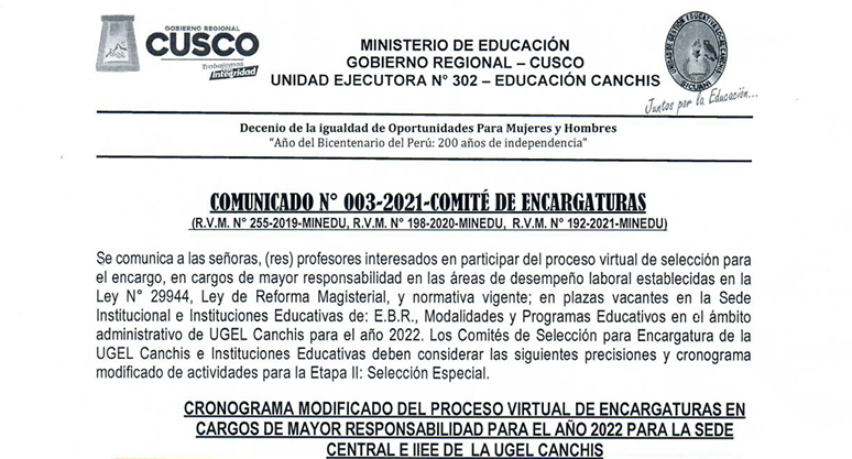 Read more about the article COMUNICADO N° 003-2021-COMITÉ DE ENCARGATURAS