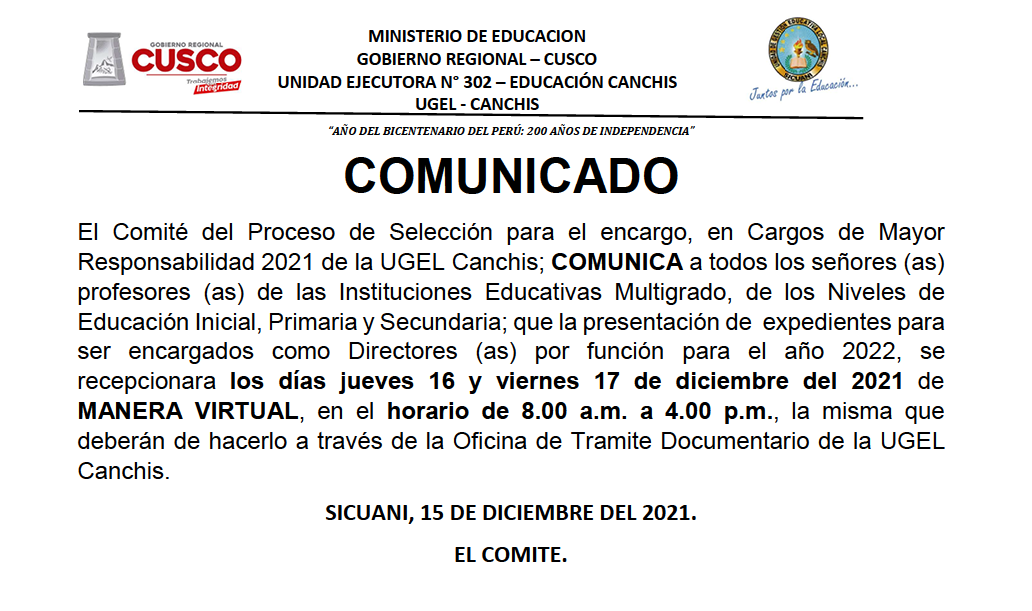 Read more about the article COMUNICADO – Cargos de Mayor Responsabilidad 2021 de la UGEL Canchis