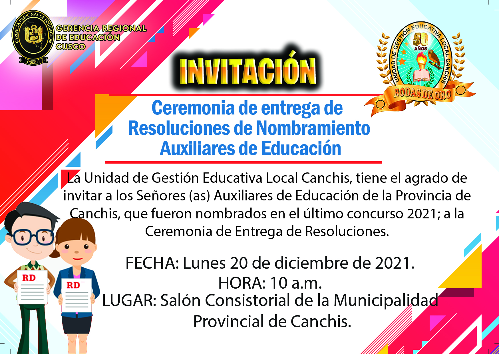 Read more about the article INVITACIÓN – Ceremonia de entrega de Resoluciones de Nombramiento  Auxiliares de Educación