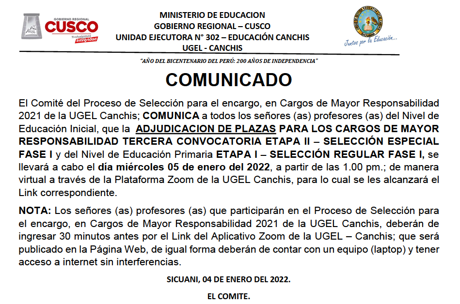 Read more about the article COMUNICADO – Cargos de Mayor Responsabilidad 2021 de la UGEL Canchis