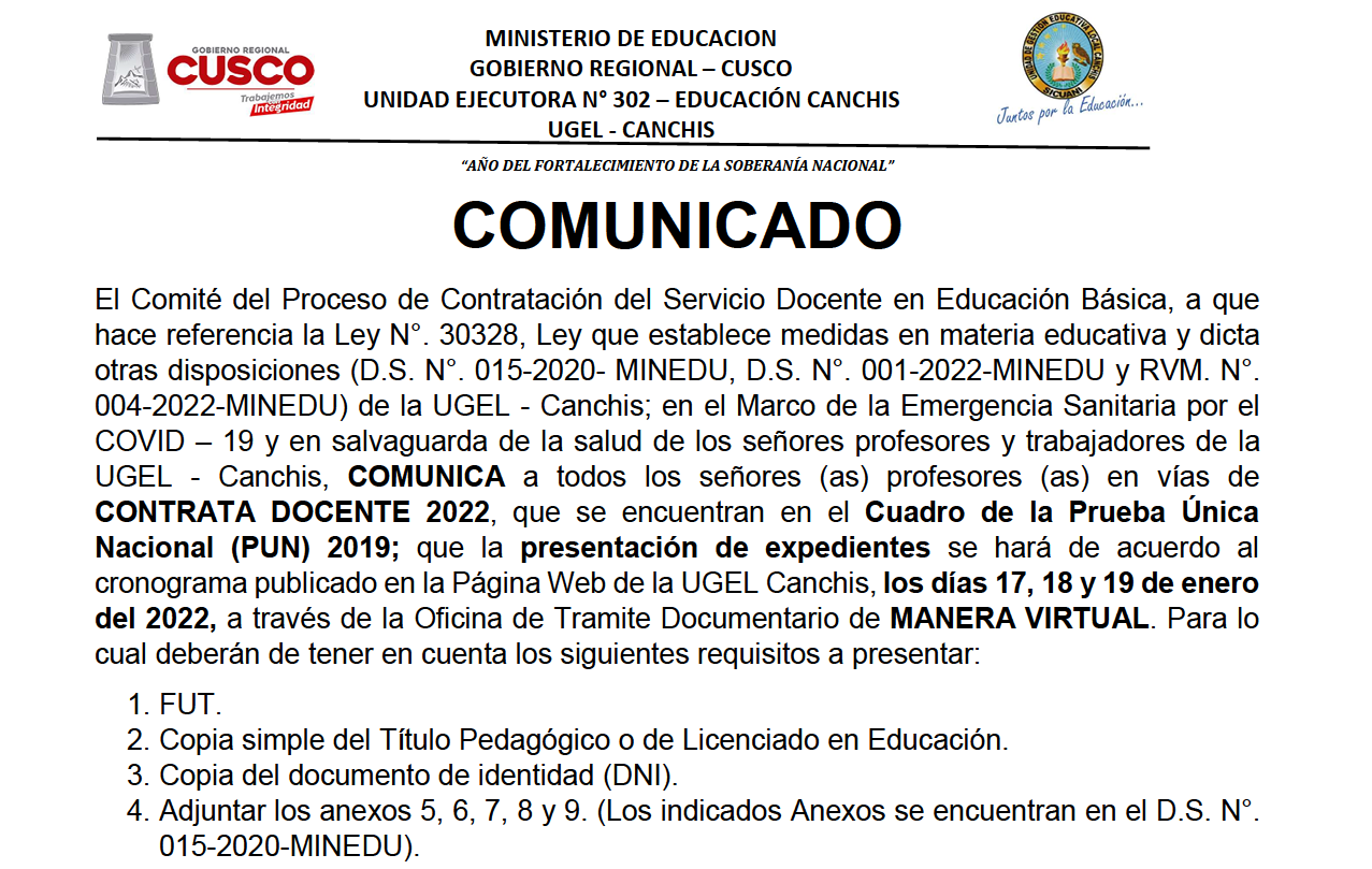 Read more about the article COMUNICADO – Proceso de Contratación del Servicio Docente en Educación Básica