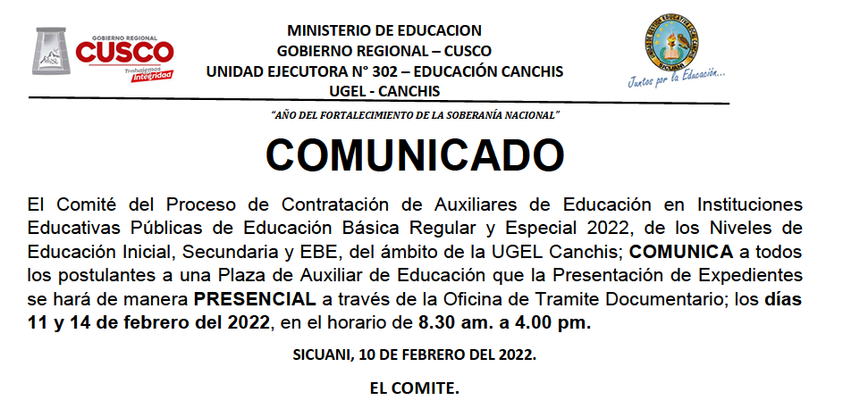 Read more about the article COMUNICADO – CONTRATACIÓN DE AUXILIARES DE EDUCACIÓN EN INSTITUCIONES EDUCATIVAS PÚBLICAS DE EDUCACIÓN BÁSICA REGULAR Y ESPECIAL 2022