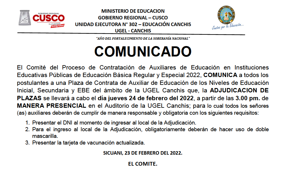 Read more about the article COMUNICADO – PROCESO DE CONTRATACIÓN DE AUXILIARES DE EDUCACIÓN EN INSTITUCIONES EDUCATIVAS PÚBLICAS DE EDUCACIÓN BÁSICA REGULAR Y ESPECIAL 2022
