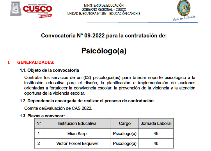 Read more about the article CONVOCATORIA N° 09-2022 PARA LA CONTRATACIÓN DE: PSICÓLOGO(A)