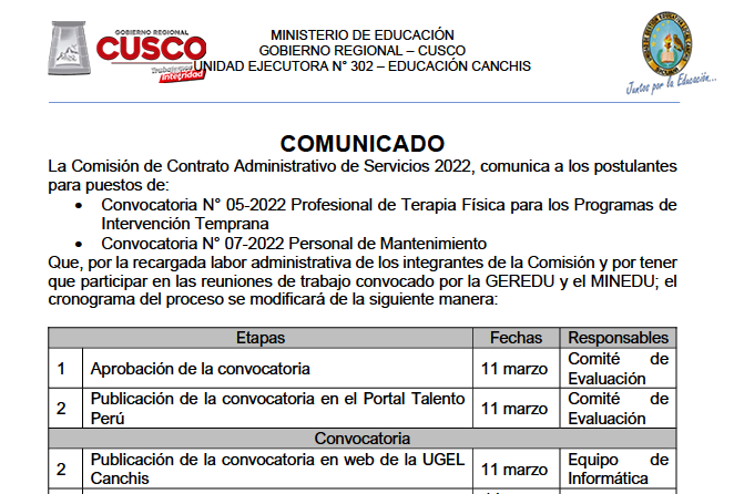 Read more about the article COMUNICADO – Contrato Administrativo de Servicios 2022