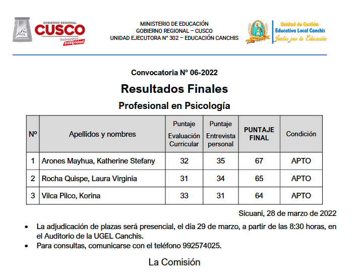 Read more about the article Convocatoria N° 06-2022 Resultados Finales Profesional en Psicología