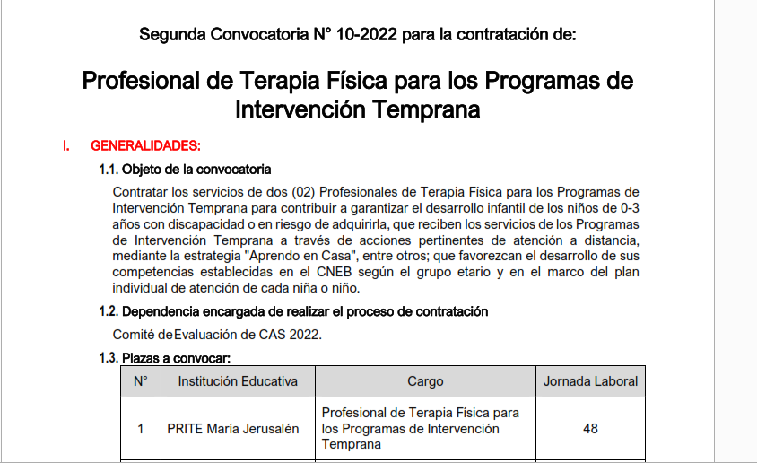 Read more about the article Segunda Convocatoria N° 10-2022 para la contratación de:  Profesional de Terapia Física para los Programas de Intervención Temprana
