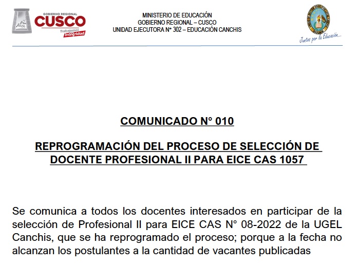 Read more about the article COMUNICADO N° 010 REPROGRAMACIÓN DEL PROCESO DE SELECCIÓN DE DOCENTE PROFESIONAL II PARA EICE CAS 1057