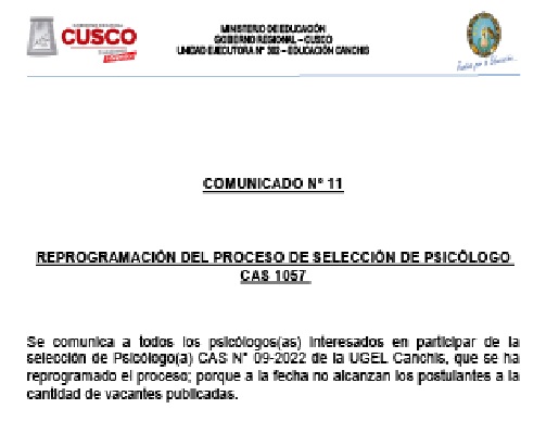 Read more about the article COMUNICADO N° 011 REPROGRAMACIÓN DEL PROCESO DE SELECCIÓN DE DOCENTE PROFESIONAL II PARA EICE CAS 1057