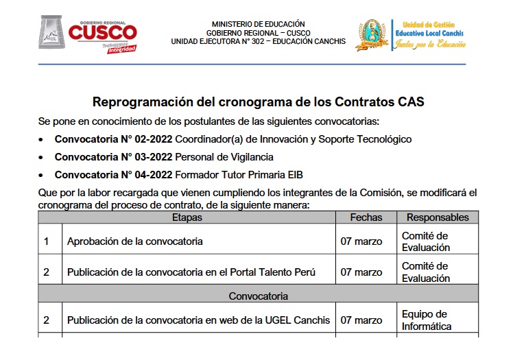 Read more about the article Reprogramación del cronograma de los Contratos CAS