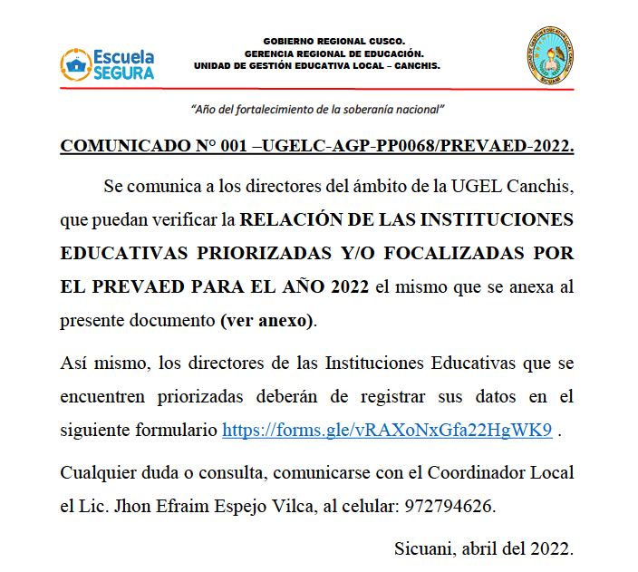 Read more about the article COMUNICADO N° 001 –UGELC-AGP-PP0068/PREVAED-2022.