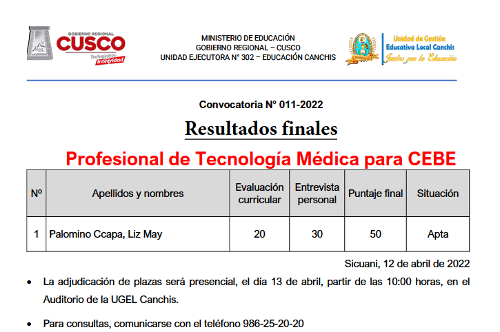 Read more about the article Resultados finales CAS UGEL CANCHIS