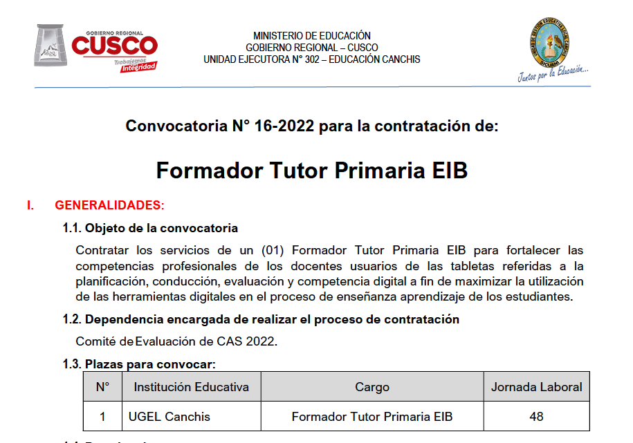 Read more about the article Convocatoria N° 16-2022 para la contratación de:<br>Formador Tutor Primaria EIB