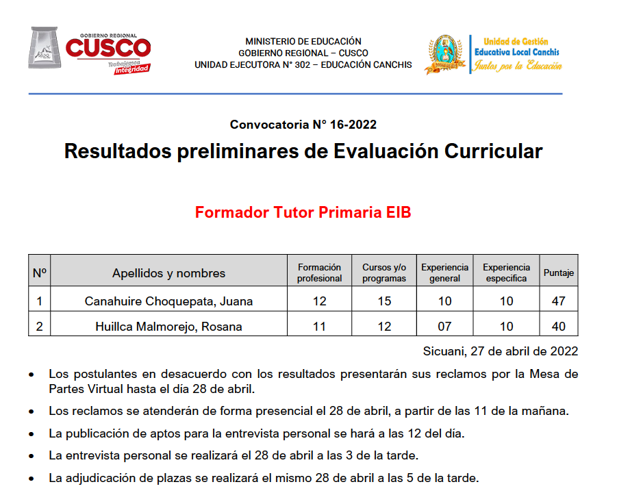 Read more about the article Resultados preliminares de Evaluación Curricular – Convocatoria N° 16-2022