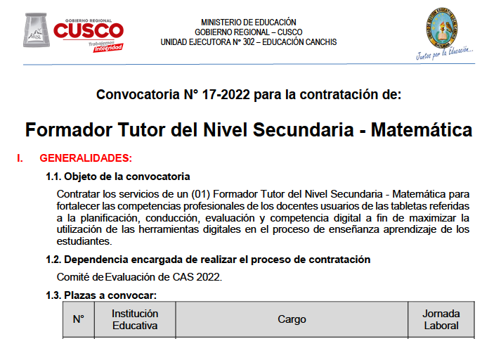 Read more about the article Convocatoria N° 17 y 18 – 2022 para la contratación de: