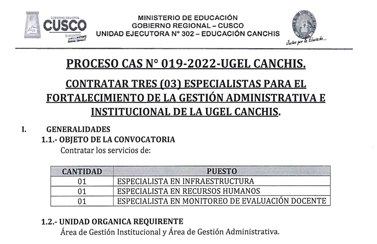 Read more about the article PROCESO CAS N° 019-2022-UGEL CANCHIS,