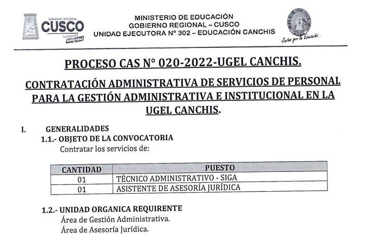 Read more about the article PROCESO CAS N° 020-2022-UGEL CANCHIS.
