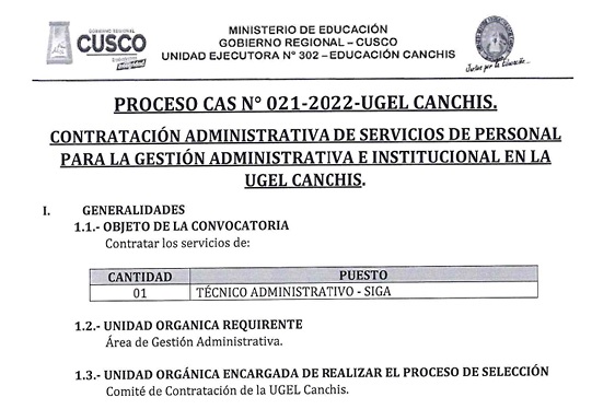 Read more about the article PROCESO CAS N° 021-2022-UGEL CANCHIS.